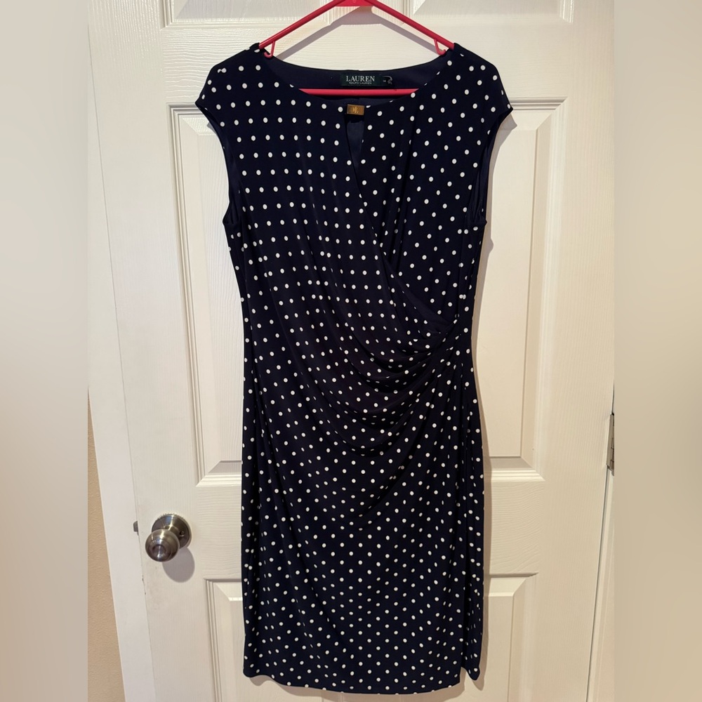 Ralph Lauren Navy and White Polka Dot Sheath Midi Dress